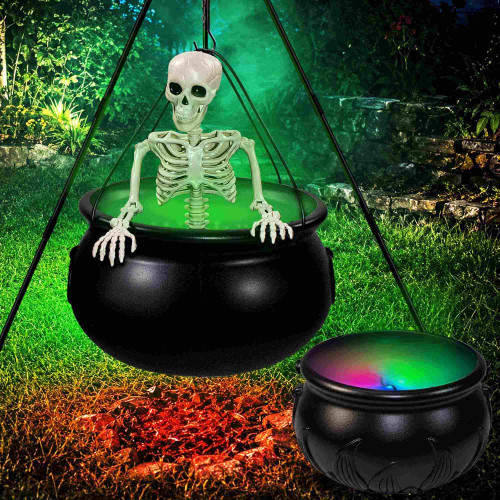 Halloween Decorations Outdoor, 2 Pack Witches Cauldron Set with Fog Effect, Skeleton and Green Lights, Halloween Witch Cauldron Decor with Tripod Stand for Outdoor Porch Yard Lawn Party