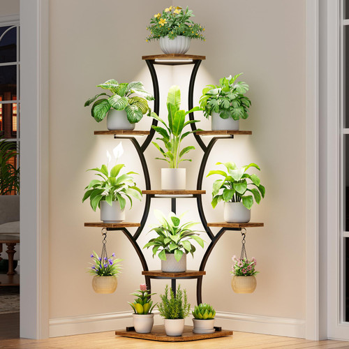 Corner Indoor Plant Stand With Grow Light, 8 Tier 52.6" Tall Plant Shelf