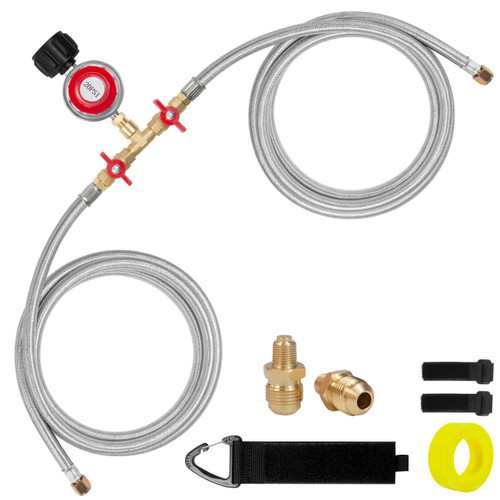 Feirenql 0-20 PSI Adjustable High Pressure Propane Regulator - 8FT Double Stainless Braided Y Splitter Hose with 1/8" MNPT Fitting, for 5lb-20lb Propane Tanks, Outdoor Burner, Turkey Fryer, Cooker