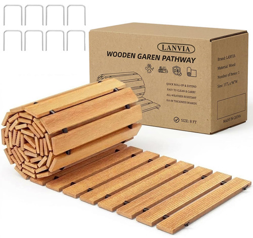 Wooden Garden Pathway Outdoor Walkway - 8 FT Roll Out Outdoor Pathway with Ground Stakes, Boardwalk Pavers for Outside Walkway, Non-Slip Garden Path for Backyard Decor, Lawn Landscaping, Natural