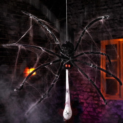 Halloween Animatronics Decorations Floating Hanging Giant Spider with Egg Sac, Glowing Eyes, Scary Move, Creepy Sound, 48'' Sound Activated Haunted House Decor Horror Spooky Prop for Indoor Outdoor