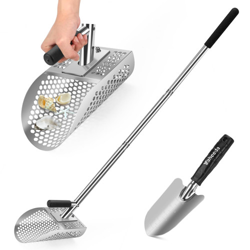 Yaheeda Long Handle Sand Scoop with Shovel for Metal Detecting, Metal Detector at Beach,Heavy Duty Stainless Steel Metal Detecting Tool,Treasure Finds Scoop, Digging Shovel Fast Sifting