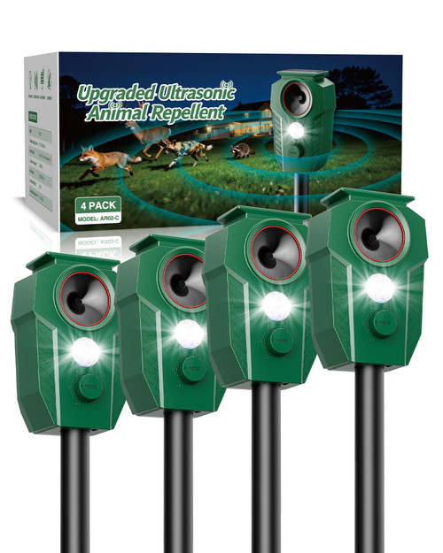 G-Jyuncyou Solar Deer Repellent Devices Outdoor - Ultrasonic Animal Repellent with Motion Sensor & Strobe Lights, 4 Pack Waterproof Cat Repellent Outdoor, Repels Raccoon, Coyote for Garden & Lawn