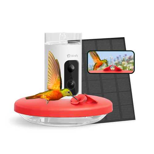 Birdfy Hummingbird Feeder with Camera & Solar Panel, Smart Bird Feeder with AI Recognition & Capture on Outdoors, Gardens, Easy to Clean, 14oz Capacity, SE