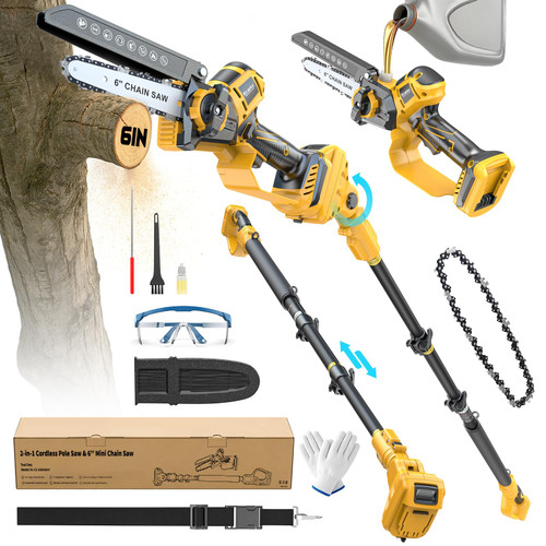 Ecarke 2-in-1 Electric Pole Saw Compatible with Dewalt 20V Battery, 6 Inch Mini Chainsaw Brushless Tree Trimmer with Extension Pole, 16FT Max Total Reach, Tree Saw for Trimming Pruning (Tool Only)