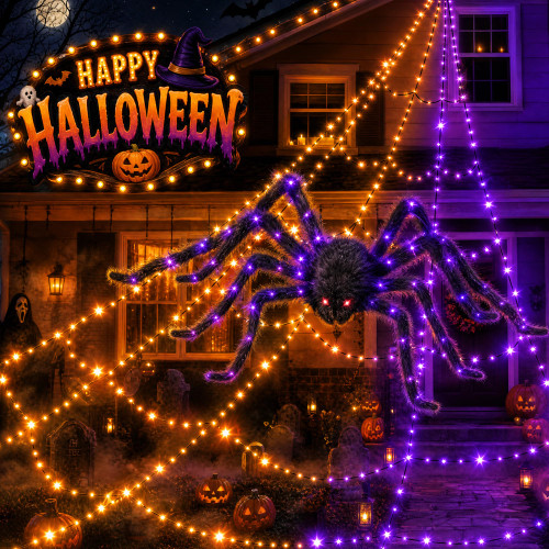 Makion 550 LEDs Halloween Decorations Outdoor Spider Web Lights with Spider