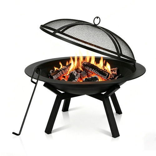 Outdoor Wood Burning Fire Pit, Heavy Duty Round Steel Fire Bowl for Backyard, Patio, Camping, Bonfire, Black Finish, with Mesh Spark Screen and Hook