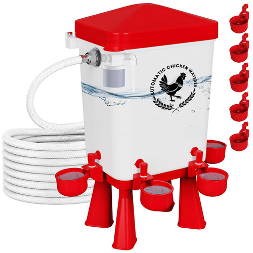 3 Gallon Chicken Waterer with 10 Chicken Water Cups, No Spill Poultry Waterer Bucket with Stand Legs, Hooks and Screws, Chicken Water Feeder for Coop, Ducks, Hens, Farm (Red, Auto-1pcs)