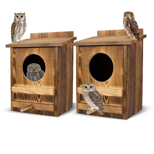 AnNowshua Ling 2PCS Owl Houses for Outdoors, 16.1x11.8x9.5-inch Large Carbonized Owl Nesting Boxes for Outside, Waterproof & Ventilated Design， Designed Specifically for Owls and Wildlife Nesting