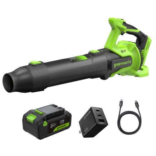 Greenworks 24V Electric Leaf Blower, 515 CFM, 5.0 Ah Battery and Charger