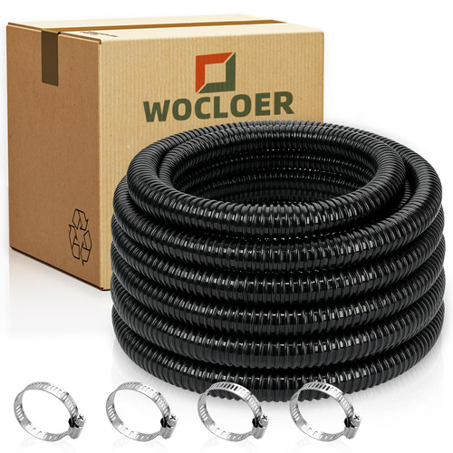 Wocloer Pond Tubing 1-1/2” × 20 Feet Black Flexible PVC Pond Hose,Garden Pond PVC Tube - Reinforced, Kink-Resistant Tubing for Pumps, Fountains & Waterfalls, with 4 Clamps,1-1/2" Dia