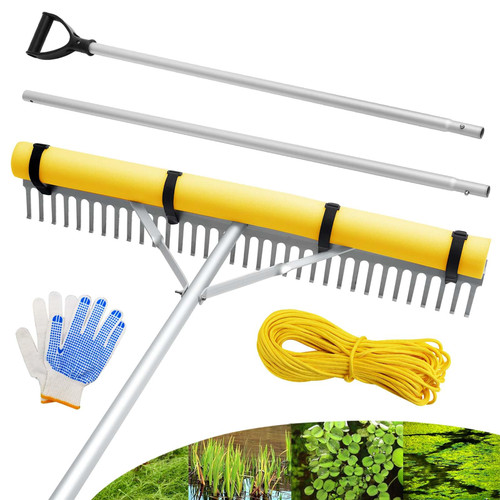 Floating Lake Rake, 36" Aluminum All Purpose Lake and Landscape Rake with 102'' Extension Handle and 52Ft Rope, Weed & Algae Removal, Yellow