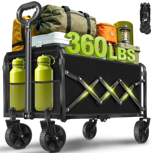 Wagons Carts Foldable, Collapsible Wagon with Wheels, Folding Wagons carts for Camp Sports Garden, Portable Utility Outdoor Wagon with 360lbs, Garden Cart for Groceries, Two Cup Holder, Black