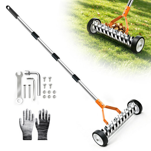 Thatch Rake with Wheels, 15.3-in Head, 21 Steel Tines, 68-in Handle(Orange)