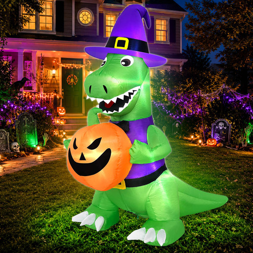 4 Ft Halloween Inflatables Witch Dinosaur Holding Pumpkin Built-in LEDs