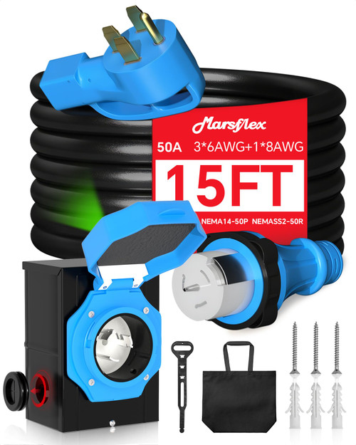 Marsflex 50 Amp 15FT Generator Cord and Power Inlet Box, 14-50P / SS2-50R