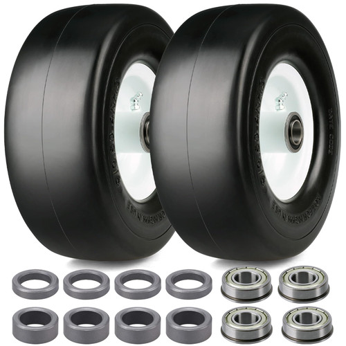 2Pcs 9x3.50-4 "Flat Free Tire, Lawn Mower Tire, with 3.5" Centered Hub, 3/4”& 5/8” Bearings, 2/5"& 1/5" Metal Spacers, 3.5"-4"-4.5"-5" Centered Hub, Smooth Tread Tire for Zero Turn Mowers
