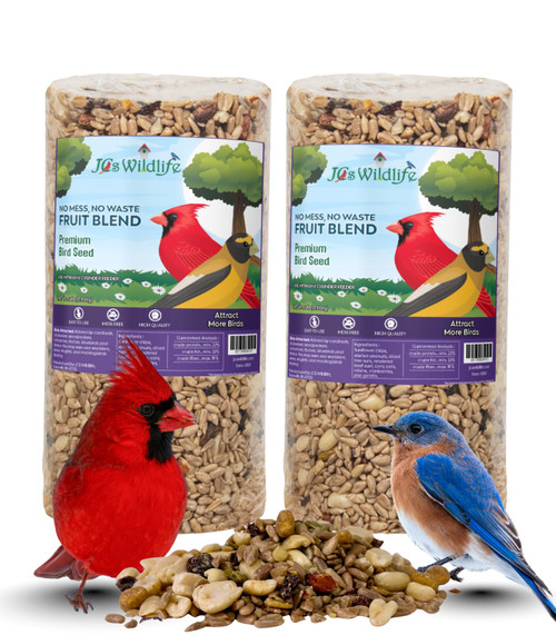 JCs Wildlife No Mess No Waste Fruit Blend Bird Seed Cylinder with Hole, Hull Free Wild Bird Food for Outside Feeders, Cardinals Woodpeckers Chickadees Nuthatches Wrens, Made in the USA, 2 lb Pack of 2
