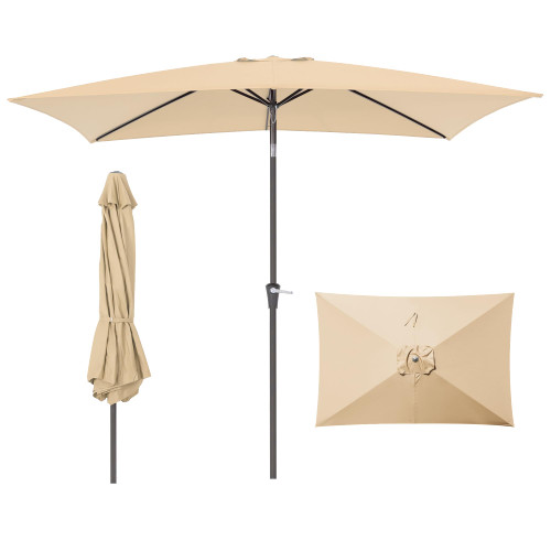 Rectangular Patio Umbrella, 6.5 x 10 ft Rectangle Table Umbrellas w/Heavy Duty Ribs, Effortless Crank and Push Button Tilt, Wind Resistant Sun Umbrella for Outdoor Patio, Beige