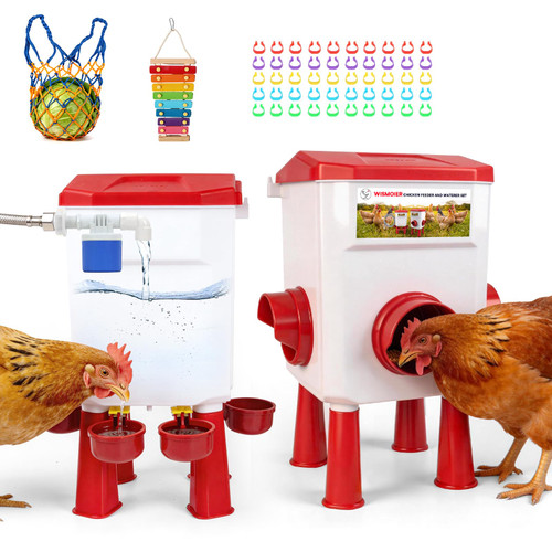WISMOIER Chicken Feeder and Waterer Set, 2 Gallon Automatic Chicken Waterer with Float Valve, 26.5 Pounds Chickens Feeders No Waste with Vegetable Net & Xylophone Toy, Standing/Hanging Use for Poultry