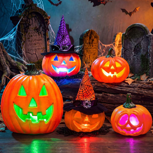 JOYIN 5 Pcs Light Up Halloween Pumpkin Decor Jack O Lantern Decorations Outdoor Indoor, Halloween Props Plastic Pumpkins Large Trick Or Treat Table Top Home Room Party Yards Supplies Favors