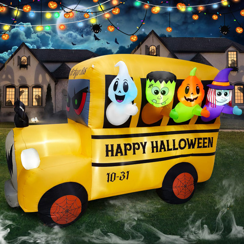 UniqSeason 8.1FT Length Halloween Inflatable Ghost Frankenstein Pumpkin Monster Witch Bus Decoration, Halloween Blow up Car Inflatable Built-in 9 LEDs for Halloween Inflatables Outdoor Decoration