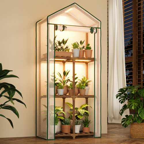 Bamworld Mini Greenhouse with Grow Light Plant Stand for Mutiple Pots Outdoor 3-Tier Portable Greenhouses with Durable PE Cover for Seedling Ideal Gardening Gifts for Women Men