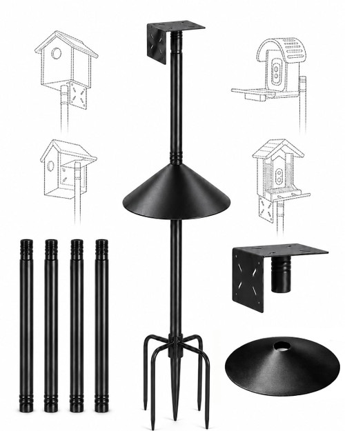 Phikrou Bird Feeder Pole Kit with Squirrel Baffle, 76 Inch Heavy Duty Bird House Pole, 1-Inch Diameter Metal Bird Feeder Stand with Mounting Plate for Outdoor Smart Bird Feeders