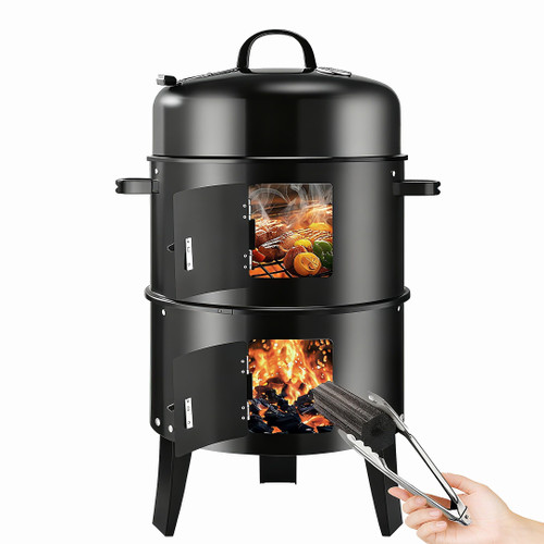 RYHOFOUD Vertical 19Inch Round Charcoal Smoker Grill,Heavy-Duty BBQ Smoker for Outdoor Smoking Multi-Layer Pellet Ideal for Meats-Offset Charcoal Grill with Hook,Thermometer,Black