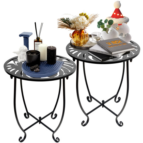 Plant Castle Outdoor Side Table for Small Spaces, 2 Pack 14 Inch Round Metal End Table for Patio Balcony Yard Porch, Anti-Rust Waterproof Accent Table for Indoor Outdoor Use, Easy Assembly