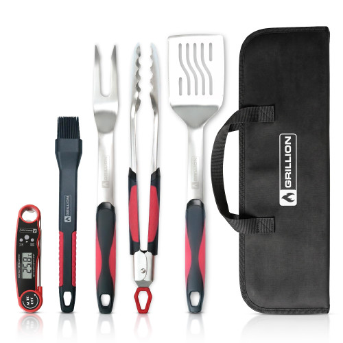 GRILLION 5PCS Grilling Tools for Outdoor Grills - Premium Grilling Utensil Set - Spatula, Tongs, Fork, Thermometer & Brush with Carrying Bag - BBQ Grill Sets for Men - BBQ Grill Accessories Gifts