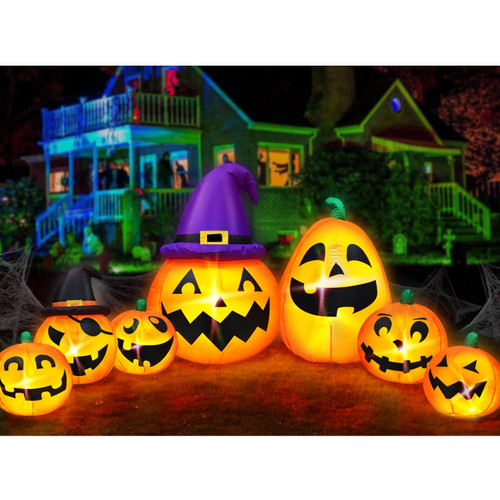 12 Ft Long Halloween Inflatables Pumpkins Outdoor Decor Built-in LED Lights