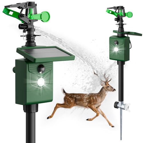 2 Packs Motion Activated Animal Repeller with Water Sprinkler, Deer Repellent Devices Solar Powered, IP65 Waterproof Deer Repellent with Flashing Light, Deter Cats Dogs Skunks Raccoons from Garden