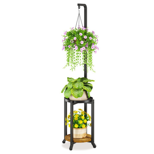 LASZOLA Hanging Plant Stand Holder Indoor Outdoor Tall, 2 Tier Black