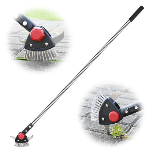 BARAYSTUS Crack Weeder Long Handle 3-in-1 Adjustable Crevice Cleaning Tool with Stainless Steel Weed Brush with 2 Scrapers Weed Puller Tool for Driveway, Patio Sidewalk to Remove Moss Weeds Dirt