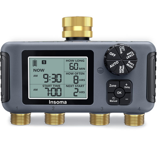 Insoma Water Timer with Brass Inlet & Outlet, 4 Independent Zones Outdoor Hose Timer for Garden Faucet with Auto/Manual/Rain Delay Mode, IPX5 Waterproof, Sprinkler Irrigation Controller for Yard Lawn