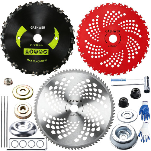 9" x 36 Teeth Carbide Tipped Blades & 9" x20T Carbon Steel Round Chainsaw Tooth Blades & 10" x 80T Brush Cutter Trimmer Blades with Adapter Kit