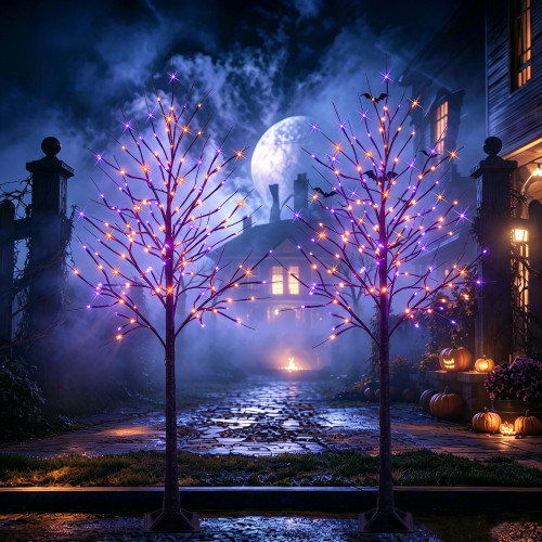 Dazzle Bright 2 Pack 6 FT Halloween Lighted Black Birch Tree, Total 288 LED Purple and Orange Spooky Tree with Timer, Waterproof Halloween Decoration Indoor Outdoor for Home Party Yard Decor