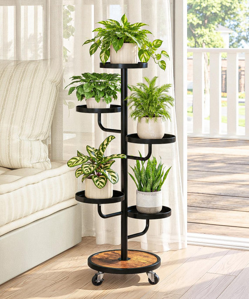 Bamworld Metal Plant Stands with Wheels Tall Plant Stand Indoor Black