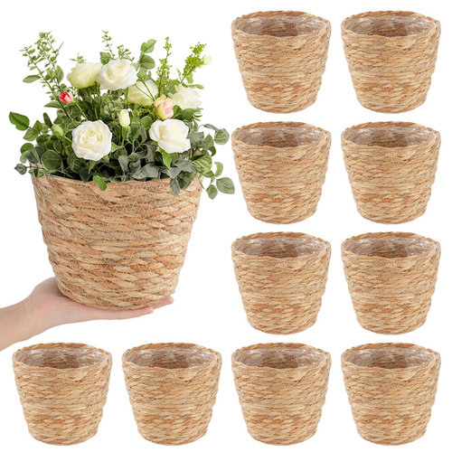 FUPMILPHRANX 10 PCS Seagrass Plant Baskets with Plastic Liners, Woven Planter Baskets for Indoor Outdoor Plants, Wicker Flower Pots Plant Containers and Storage Baskets for Home & Farmhouse Decor
