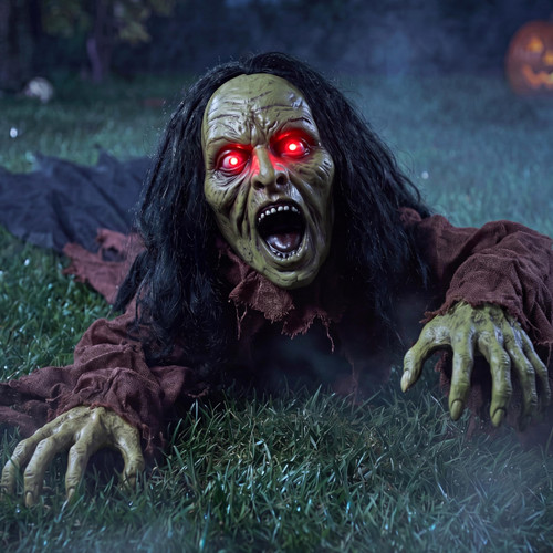 JOYIN Halloween Decorations Outdoor Light-Up Crawling Zombie Groundbreaker, Halloween Outside Zombie Decor with Sound and Flashing Eyes, Scary Groundbreaker for Yard Lawn Graveyard Haunted House Prop