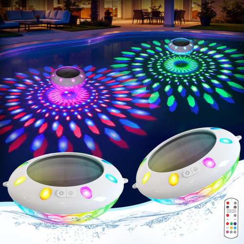 Covfirst Floating Pool Lights w/Remote, 6.5"" Top to Bottom Dynamic Color Changing Solar Pool Lights that Float, IP68 Waterproof Solar Floating Light for Inground Above Ground Pools Garden Decor(2)