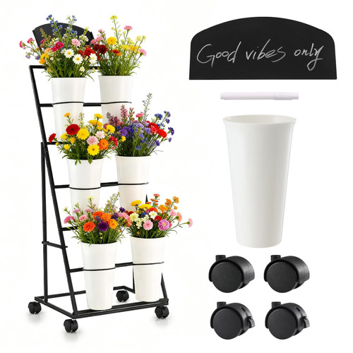 Flower stand Flower stand with buckets Suitable for flower shops, celebration events, and indoor and outdoor flower bar 6-bottle Flower Display Stand, Flower cart equipped with a blackboard and wheels