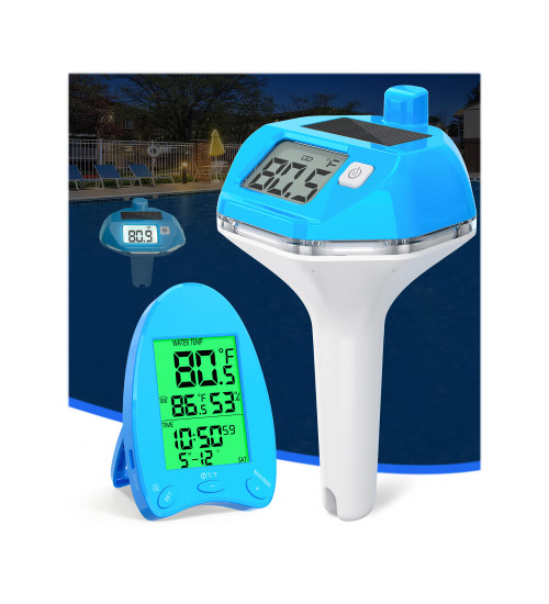 FirstE Solar Powered Wireless Pool Thermometer with Large Backlit Display