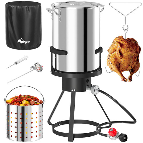 30QT Stainless Steel Turkey Fryer | Outdoor Fryers with Cover | Basket