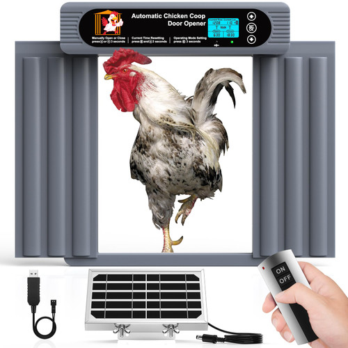 GROPOW Automatic Chicken Coop Door, Extra Large Size, Anti-Pinch Design,Programmable Timer & Light Sensor Modes, Large LCD Display, Solar Powered Auto Chicken Door Opener with Remote Control（50-100m）