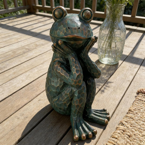 ResinHaven 10" H Meditation Frog Lawn & Garden Statue, Verdigris Green