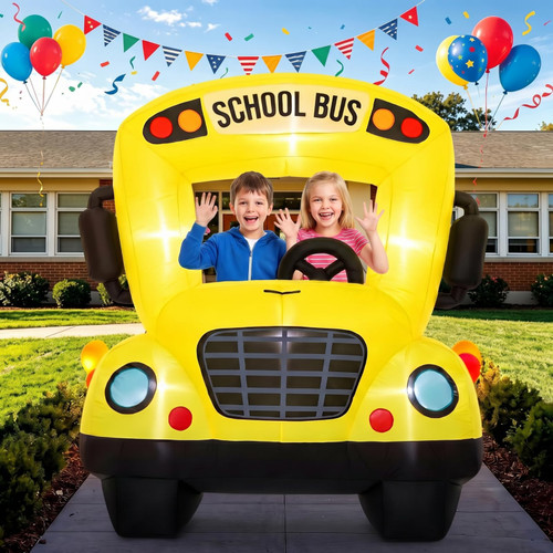 Soulchen 6 x 5 ft Inflatable School Bus Decor with Built in LEDs Lighted and Air Blower, Back to School Party Decoration Blow up Giant Decor for Wheels On The Bus Party Birthday Photo Props