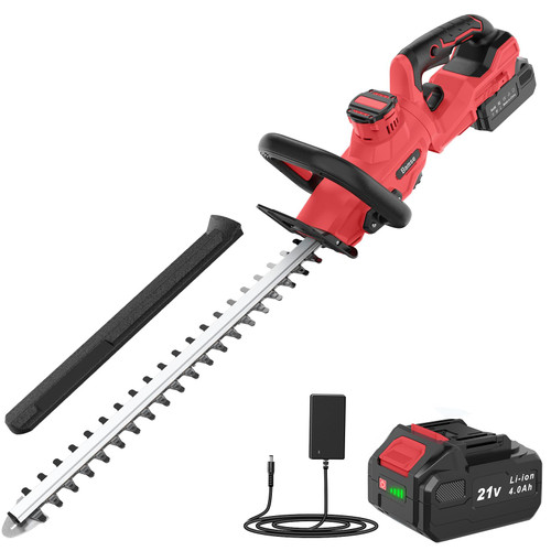Hedge Trimmer Cordless, 21V Electric Hedge Trimmer with 4000mAh Rechargeable Battery, 14" Dual-Action Blades, 180° Adjustable Branch Cutter, Blade Cover for Hedges, Bush, Branches, Shrubs, Twigs