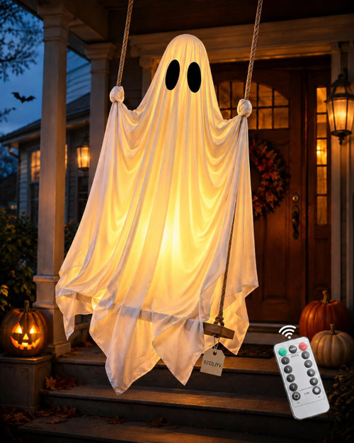 Swinging Ghost Outdoor Decor Swing Ghost Light up Ghost on a Swing Halloween Decoration Hanging Remote Control Lights Pre-Assembled Porch Yard Tree Garden